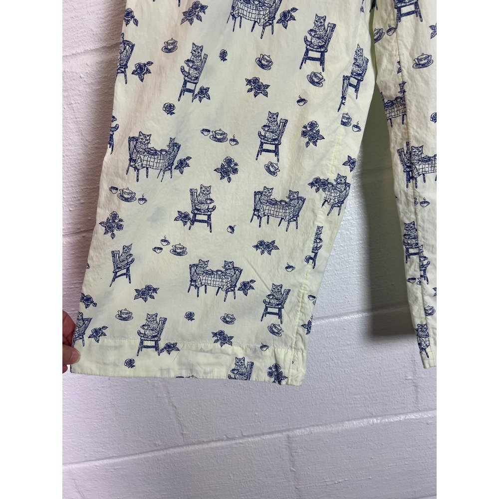 Anthropologie Cat Tea Party Pajama Pants Green Blue Toile Cotton Wide Leg Small - Picture 3 of 6
